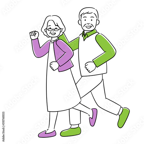 笑顔で走るシニア夫婦のシンプルイラスト