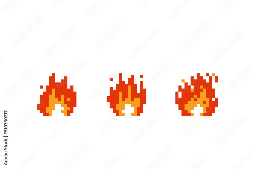 8 bit pixel fire flame. illustration. white background. isolated object