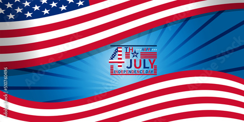 Concept of Independence day, the Fourth of July celebration. American flag over blue background with words.