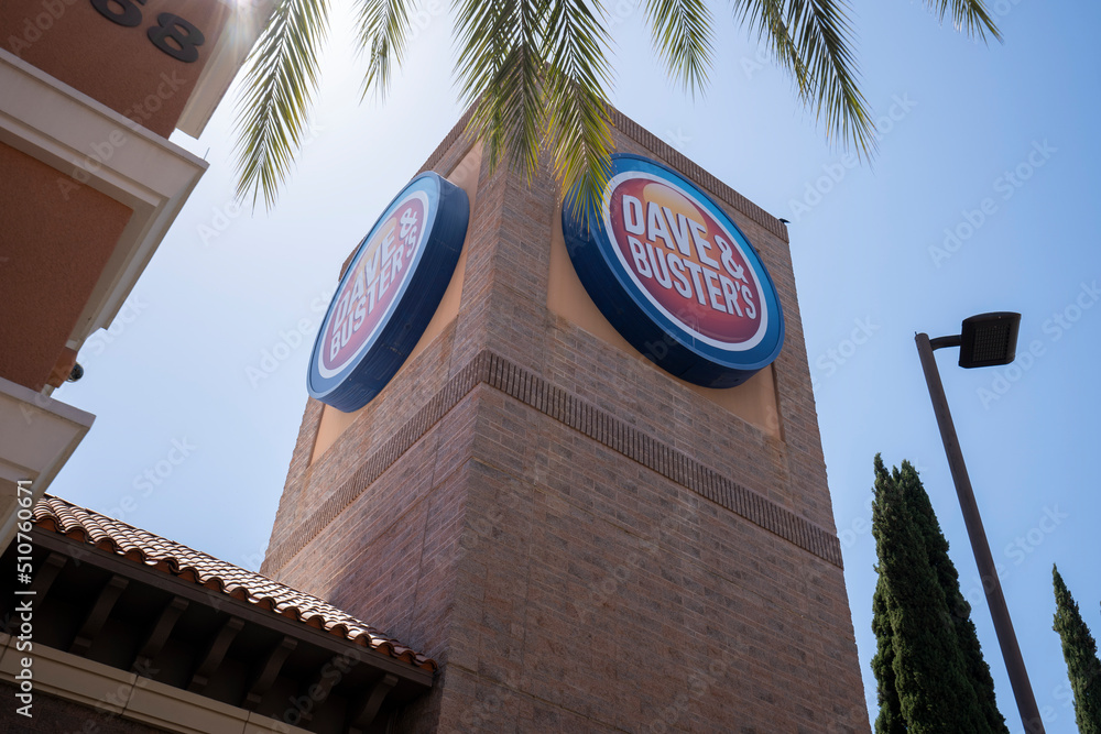 Irvine, CA, USA May 7, 2022 Dave and Buster's logo is seen outside