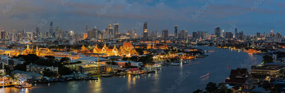 Aerial view Grand Palace and Emerald Buddha Temple at twilight, Grand Palace and Wat Phra Keaw famous tourist destination in Bangkok City, Bangkok, Thailand