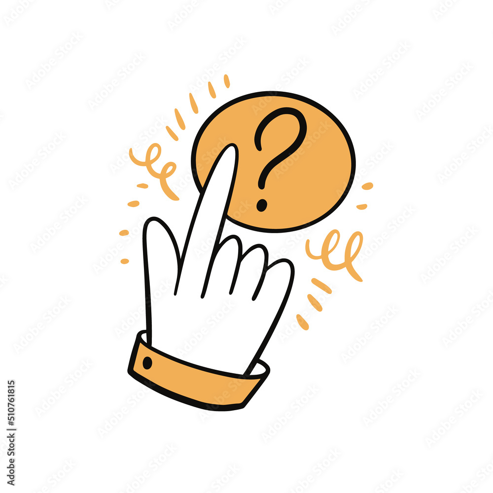 Obraz premium Hand cursor on question doodle icon. Hand drawn colorful cartoon style.