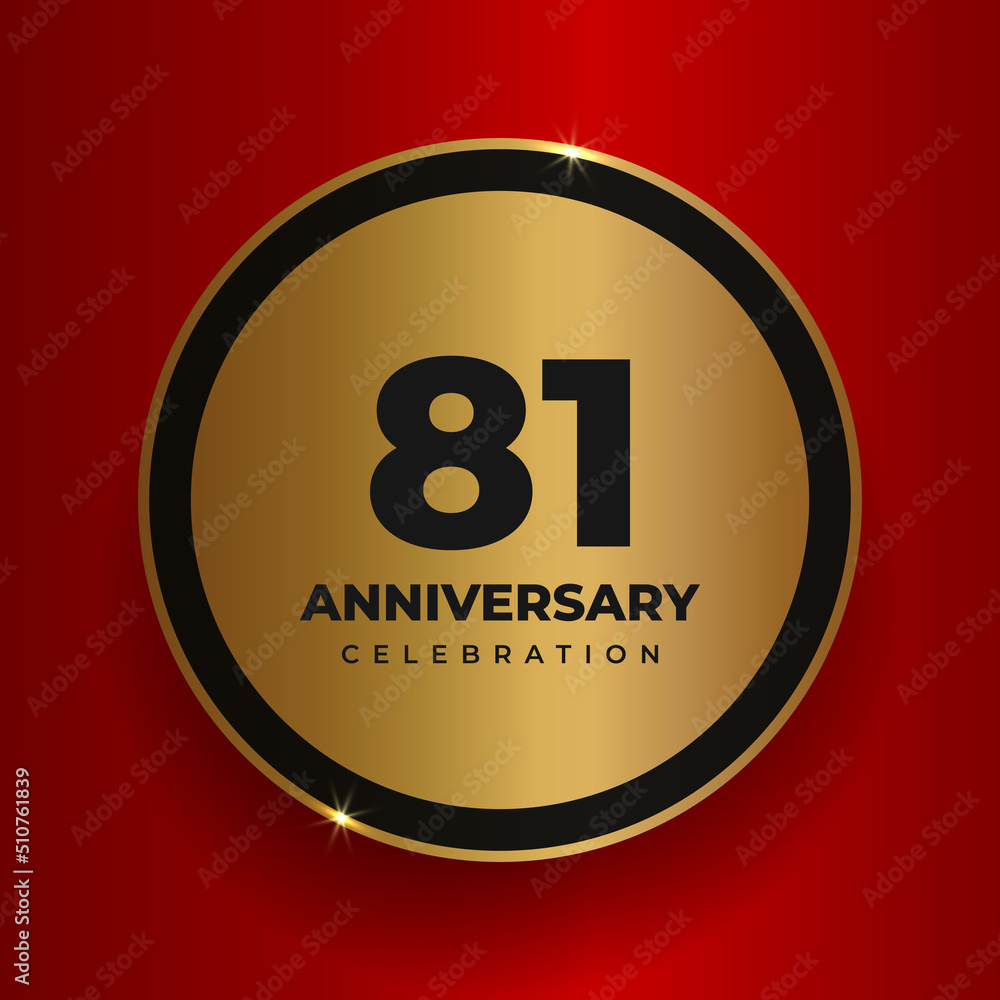 81 years anniversary celebration background. Celebrating 81st anniversary event party poster template. Vector golden circle with numbers and text on red square background. Vector illustration