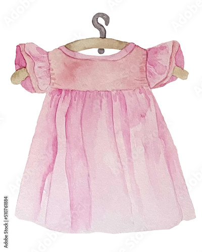 Watercolor baby girl shower set. Its a girl theme with a dress on a hanger. Its a girl illustration