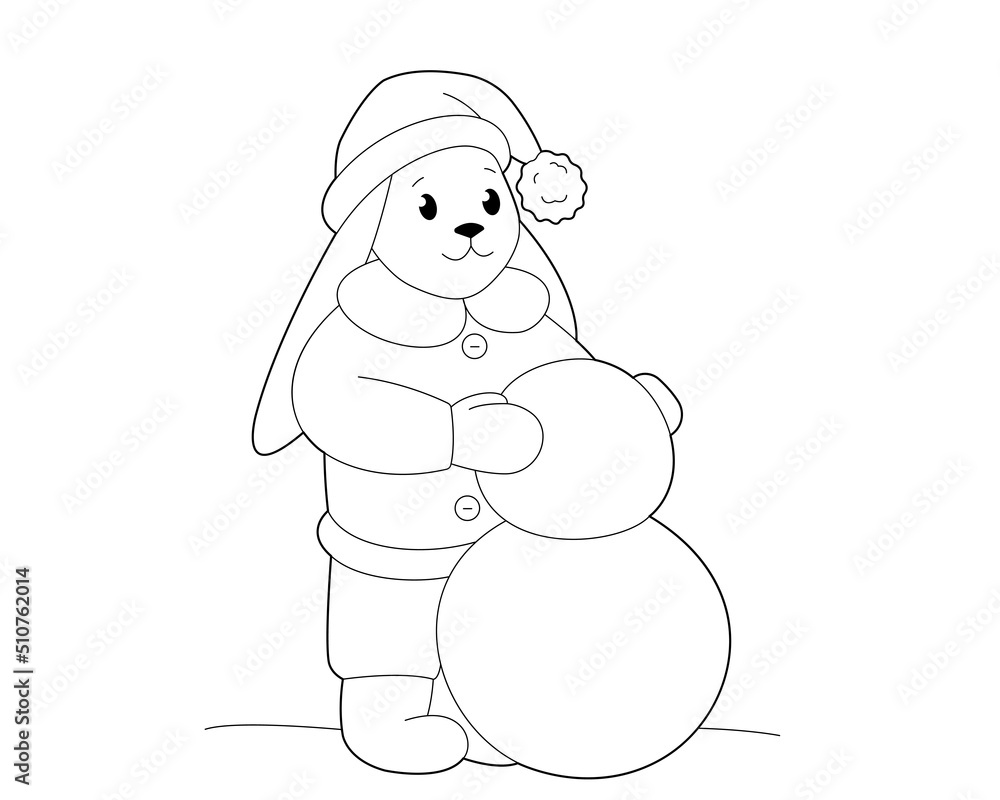 Happy little rabbit in outerwear is making snowman. Design element or a page of a children's coloring book Happy little rabbit in outerwear is making snowman. Design element or a page of a children's coloring book
