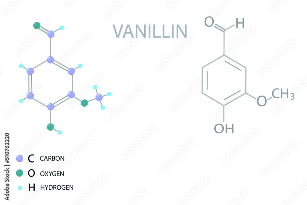 Vanillin molecular skeletal 3D chemical formula.	