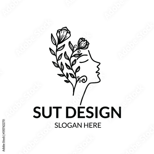 line art floral female head with flower hair and leaves