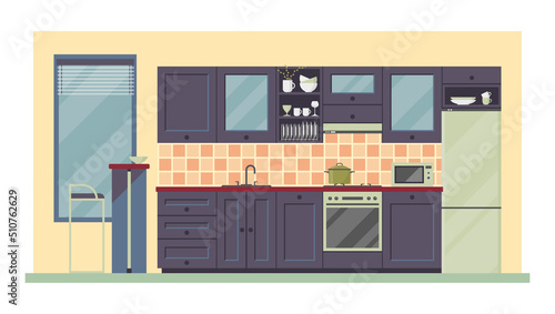 Vector flat illustration, modern kitchen interior. Furniture, kitchenware and utensil. Food preparation equipment, appliances