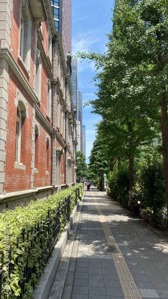 The Mitsubishi historic architecture, built first in 1894, renovated and museum / cafe opened in 2010, beautiful remains, year 2022 June 13th, sunny weekday Japan