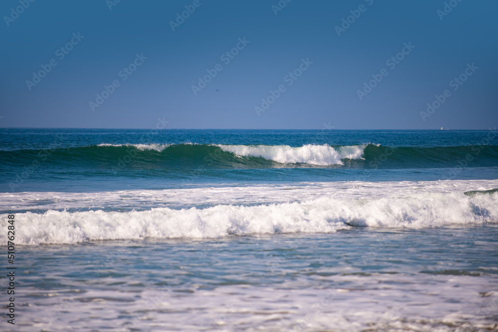 Blue ocean waves. Panorama on sea, beautiful seascape, tropical sea. Ocean or sea waves, nature concept.