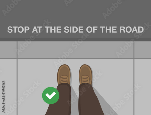 Man standing on concrete sidewalk. Stop at the side of the road. Top view. Flat vector illustration template.