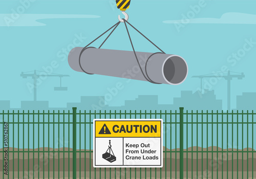 Workplace golden safety rules and tips. Caution, keep out from under crane loads. Construction area warning sign on a green fence. Flat vector illustration template.