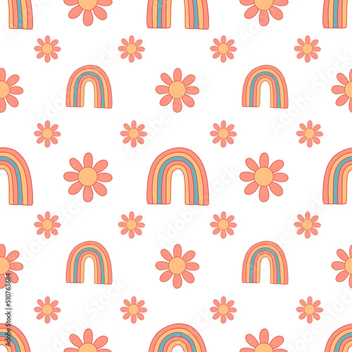 Seamless pattern with daisy and rainbow. Vector illustration. Cute positive floral wallpaper.