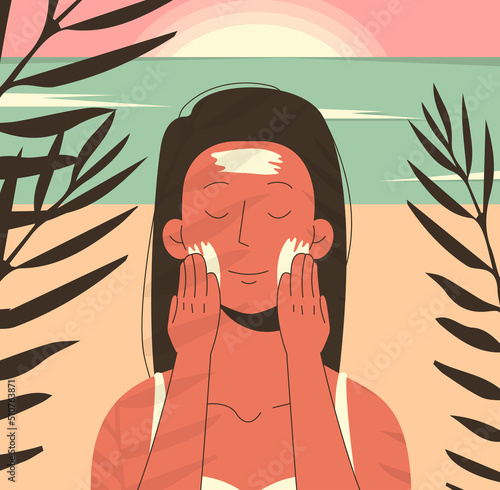Woman applying sunscreen to skin. Sun protection