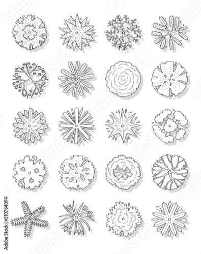 Hand drawn vector set of top view trees.