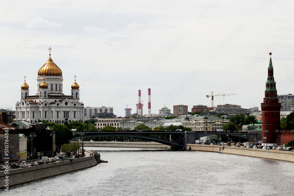 The walls of the Moscow Kremlin on the river bank.