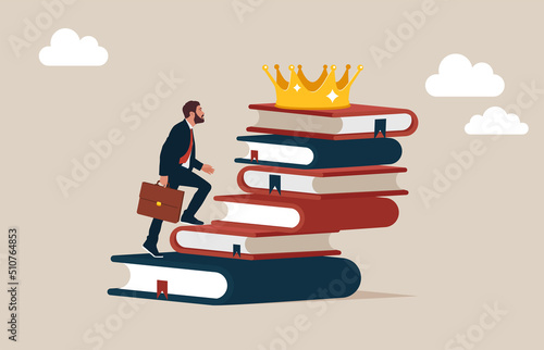 Entrepreneur step up on stack of books as staircase to achieve crown at the top. Education or knowledge steps to success, learning or study for skill development to achieve business success. 