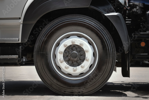Front of Semi Truck Wheels Tires. . Rubber  Vechicle Tyres. Freight Trucks Cargo Transport