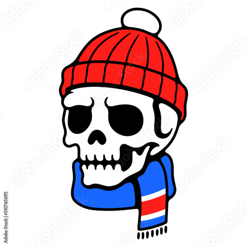 CUTE SKULL IN HAT AND SCARF COLOR WHITE BACKGROUND