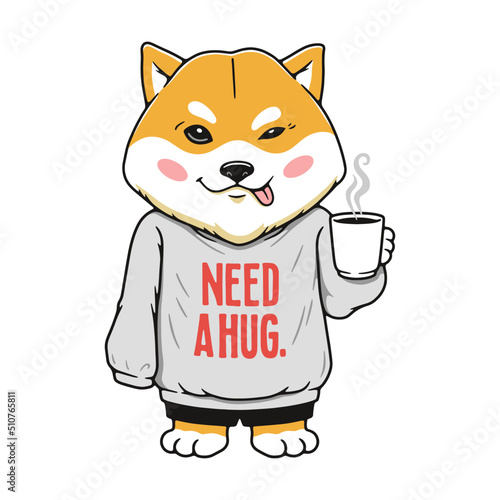 SHIBA INU DOG WEARING SWEATSHIRT NEED A HUG COLOR WHITE BACKGROUND