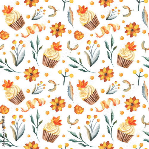 Bright and festive autumn pattern with cute elements - coffee mugs  teapot  sweet pastry  oak leaf  garland. Cozy autumn seamless pattern.