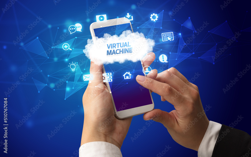 Hand using smartphone with cloud technology concept Hand using smartphone with cloud technology concept