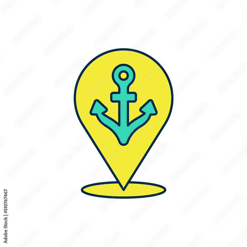 Filled outline Map pointer with anchor icon isolated on white background. Vector Filled outline Map pointer with anchor icon isolated on white background. Vector