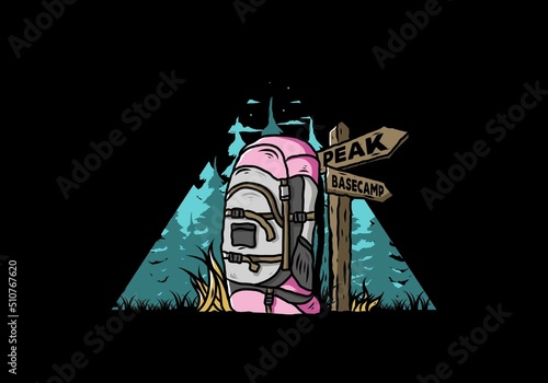 Mountain bag beside the way sign illustration
