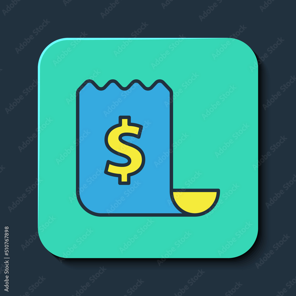 Filled outline Paper check and financial check icon isolated on blue background. Paper print check, shop receipt or bill. Turquoise square button. Vector Filled outline Paper check and financial check icon isolated on blue background. Paper print check, shop receipt or bill. Turquoise square button. Vector