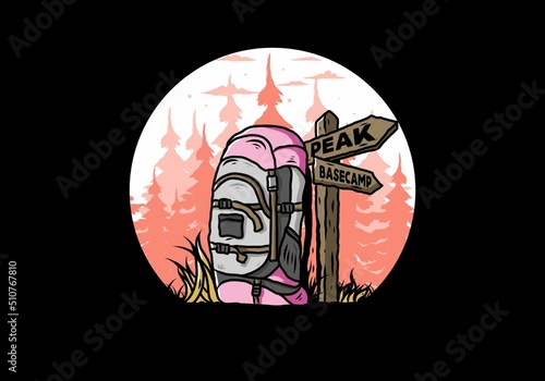 Mountain bag beside the way sign illustration