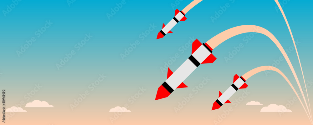 Obraz premium Missile rocket warhead launch frying air strikes in war with evening twilight sky background banner icon flat vector design.
