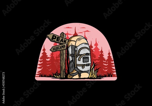 Mountain bag beside the way sign illustration