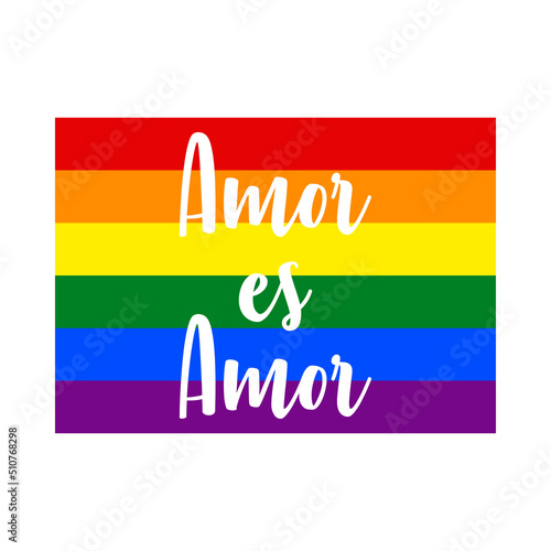 Banner con texto manuscrito Amor es Amor en español. Bandera lgbt. Color arco iris. Vector para evento del mes del orgullo. Logo orgullo gay