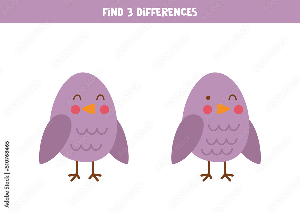 Find three differences between two cute birds. Find three differences between two cute birds.
