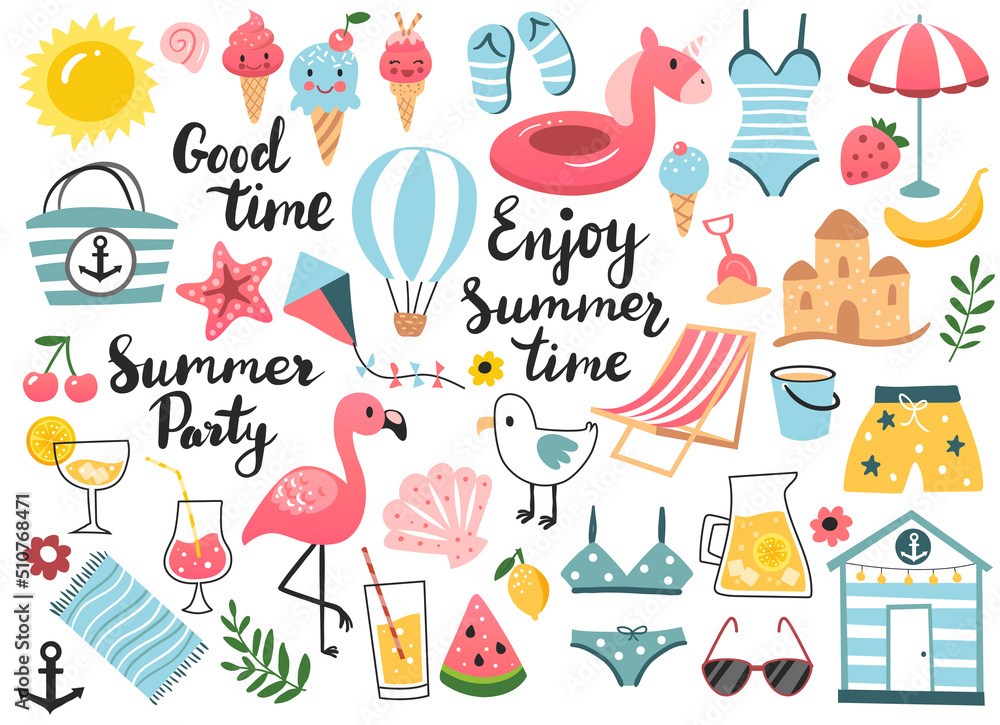 Summer set, clip art  design elements with beach chair, umbrella, swimsuit, coctail and others. Hand drawn vector illustration.