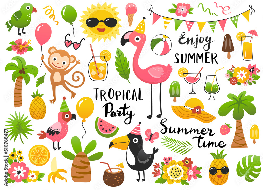 Fototapeta premium Summer party set, tropical clipart design elements with flamingo, monkey, toucan and palm trees . Hand drawn vector illustration.