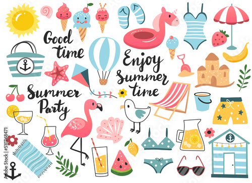 Print op canvas Summer set, clip art  design elements with beach chair, umbrella, swimsuit, coctail and others