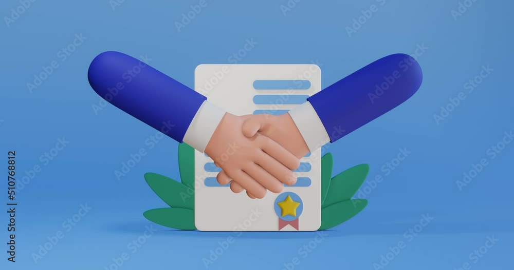 Concluding an agreement. Handshake as a sign of support, cooperation, consent. Diplomacy as a solution to the conflict. Signing the contract. Businessmen shake hands. 3D animation business video