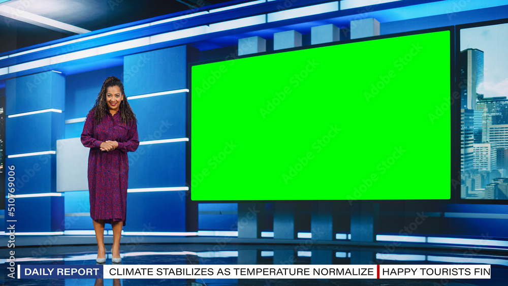 Talk Show TV Program: Beautiful Black Female Presenter Standing in Newsroom  Studio, Uses Big Green Chroma Key Screen. News Achor, Host Talks About  News, Weather. Mock-up Cable Channel Photos | Adobe Stock