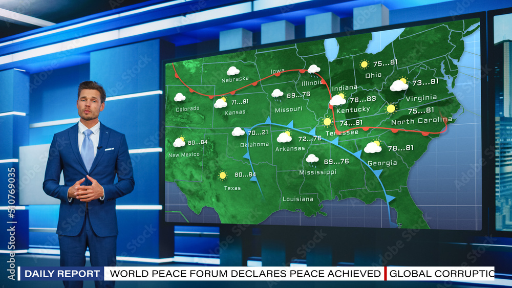 TV Weather Forecast Program Professional Television Host Reviewing