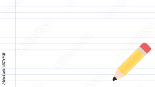 Cute yellow pencil on lined paper presentation background. Back to school concept. Flat vector illustration.