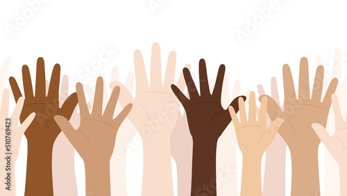 Flat vector illustration of people with different skin colors raising their hands. Unity concept.