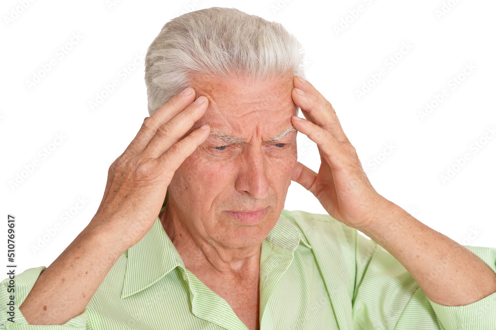 Portrait of sad senior man with headache on white background Portrait of sad senior man with headache on white background