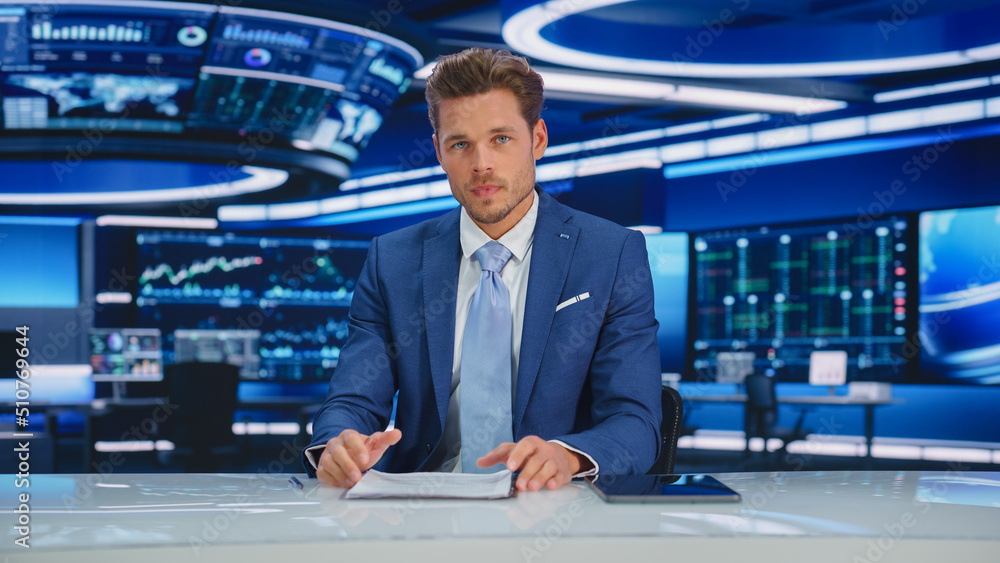 Beginning Evening News TV Program: Anchor Presenter Reporting on Business, Economy, Science, Politics. Television Cable Channel Anchorman Talks. Broadcast Network Newsroom Studio Concept. Beginning Evening News TV Program: Anchor Presenter Reporting on Business, Economy, Science, Politics. Television Cable Channel Anchorman Talks. Broadcast Network Newsroom Studio Concept.