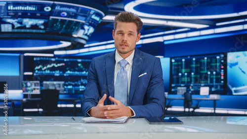 Beginning Evening News TV Program: Anchor Presenter Reporting on Business, Economy, Science, Politics. Television Cable Channel Anchorman Talks. Broadcast Network Newsroom Studio Concept. photo