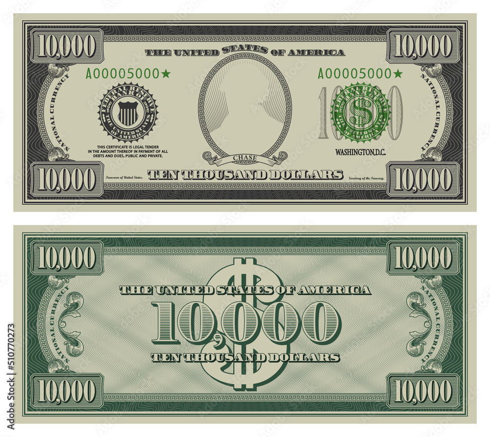Ten Thousand Dollars Banknote Gray Obverse And Green Reverse Fictional 