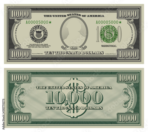 Ten thousand dollars banknote. Gray obverse and green reverse fictional US paper money in style of vintage american cash. Frame with guilloche mesh and bank seals. Chase
