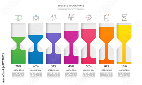 Vector creative infographics template with the hourglass. Modern business concept with seven options. Timeline with 7 icons for website, chart, web, diagram, banner, presentations