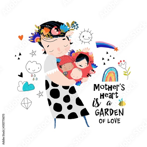 Cartoon Mother hugging Big Heart with Children