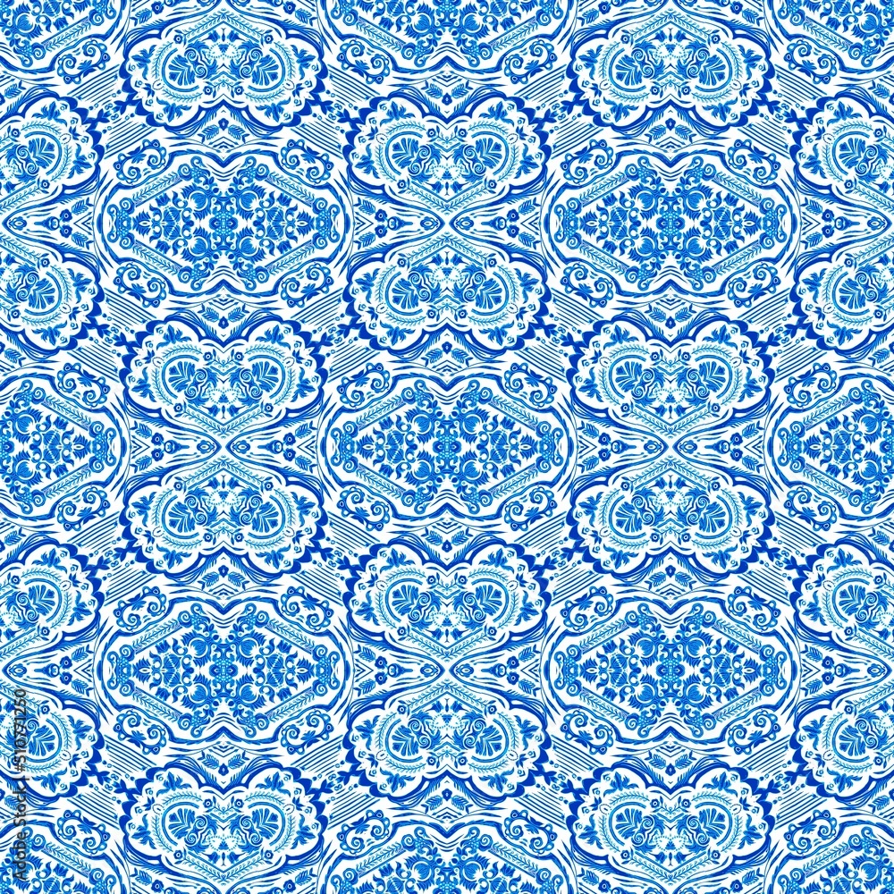 Blue white watercolor azulejos tile background. Seamless coastal geometric floral mosaic effect. Ornamental arabesque all over summer fashion damask repeat Blue white watercolor azulejos tile background. Seamless coastal geometric floral mosaic effect. Ornamental arabesque all over summer fashion damask repeat